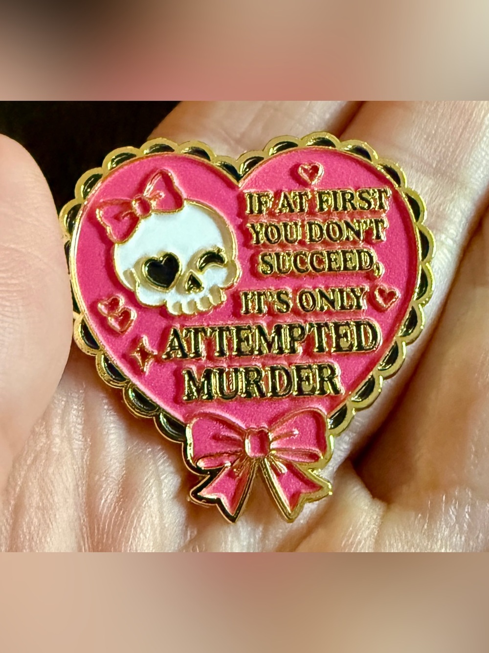 New If at FIRST YOU DON'T SUCCEED Pink Enamel Pin Skeleton Brooch Funny Goth